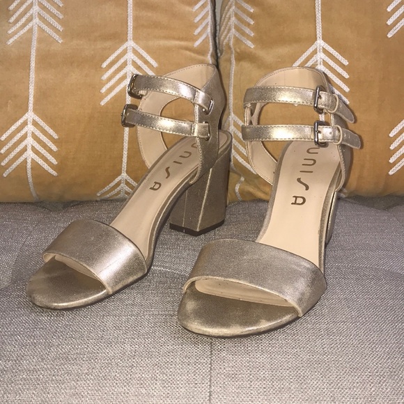Double Strap Gold Peeptoe Heels - Picture 1 of 4